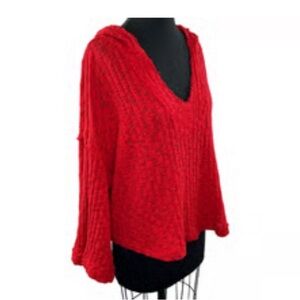 NWOT FREE PEOPLE Red Cotton Blend Baja Babe Hooded Pullover Hacci Sweater